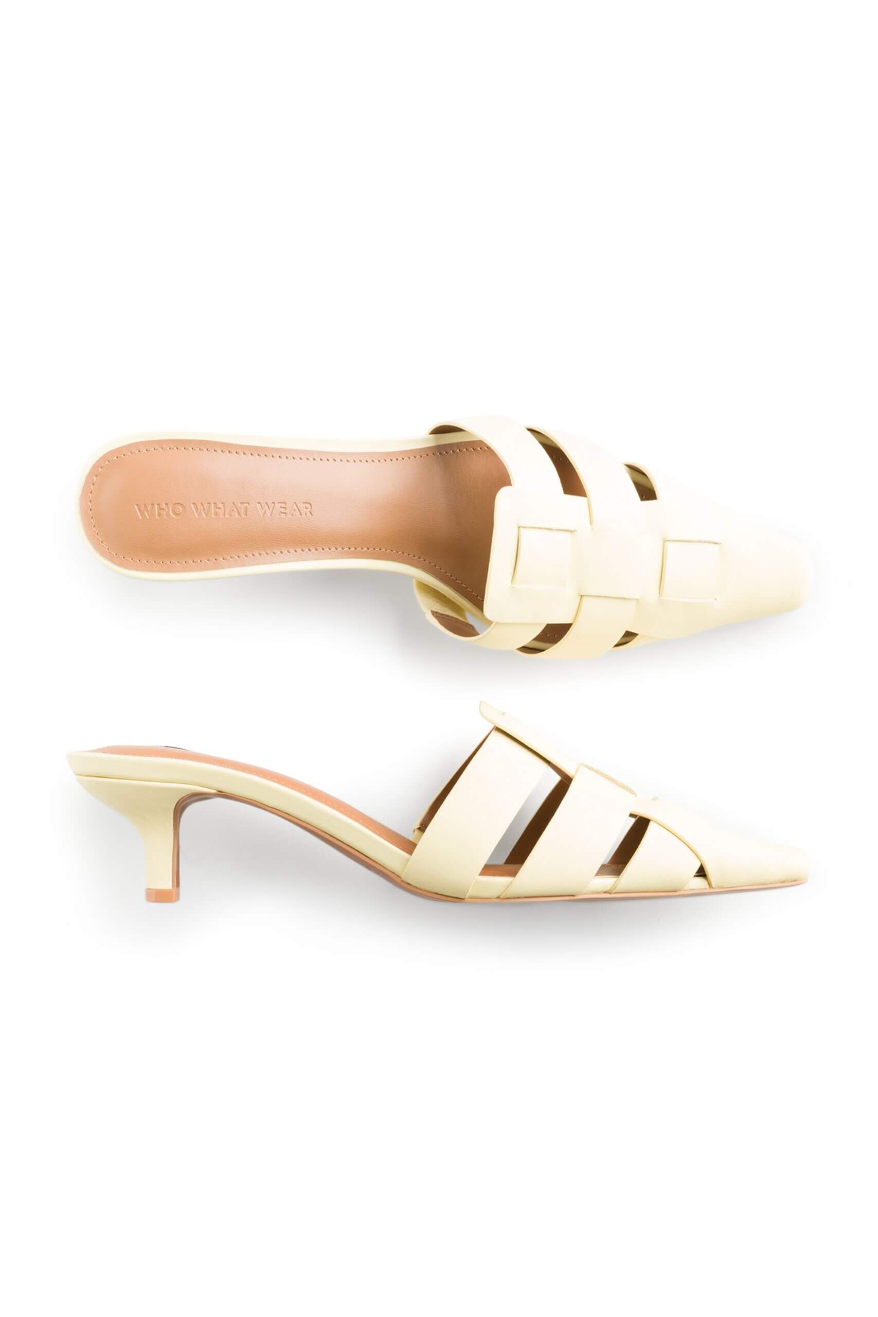 Stitch Fix women’s pale yellow slide kitten heels.