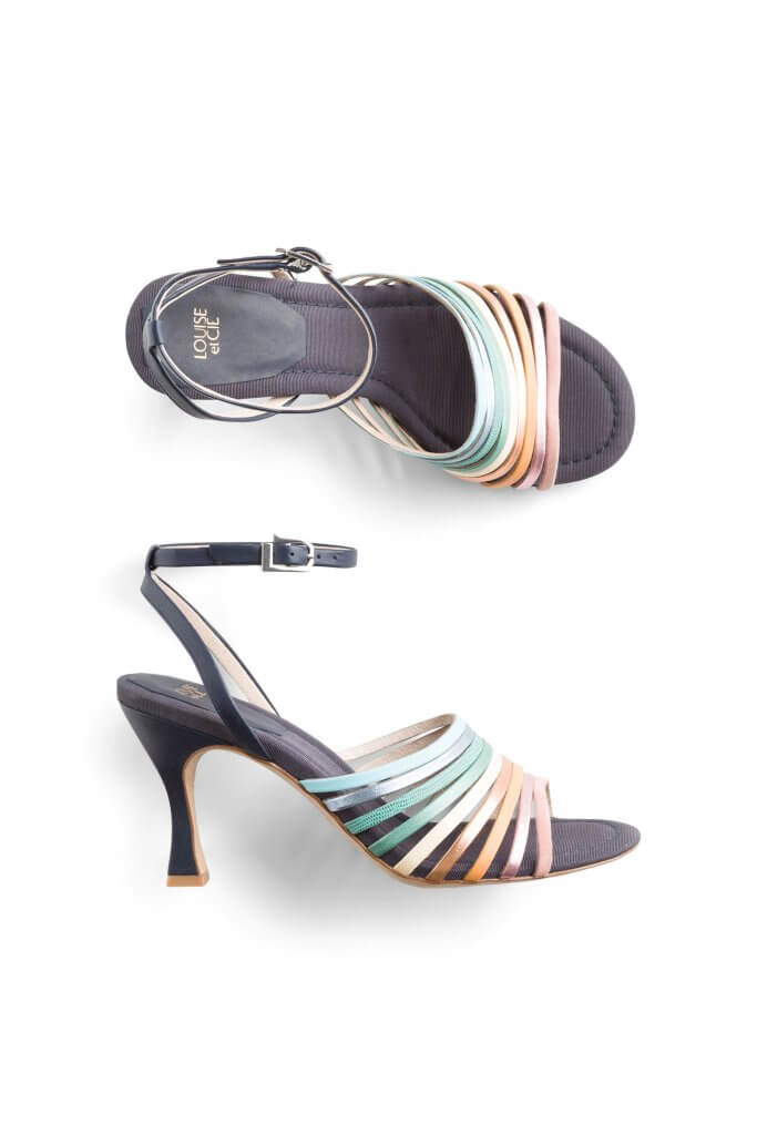 Stitch Fix Women’s black heels with rainbow straps and black ankle strap.