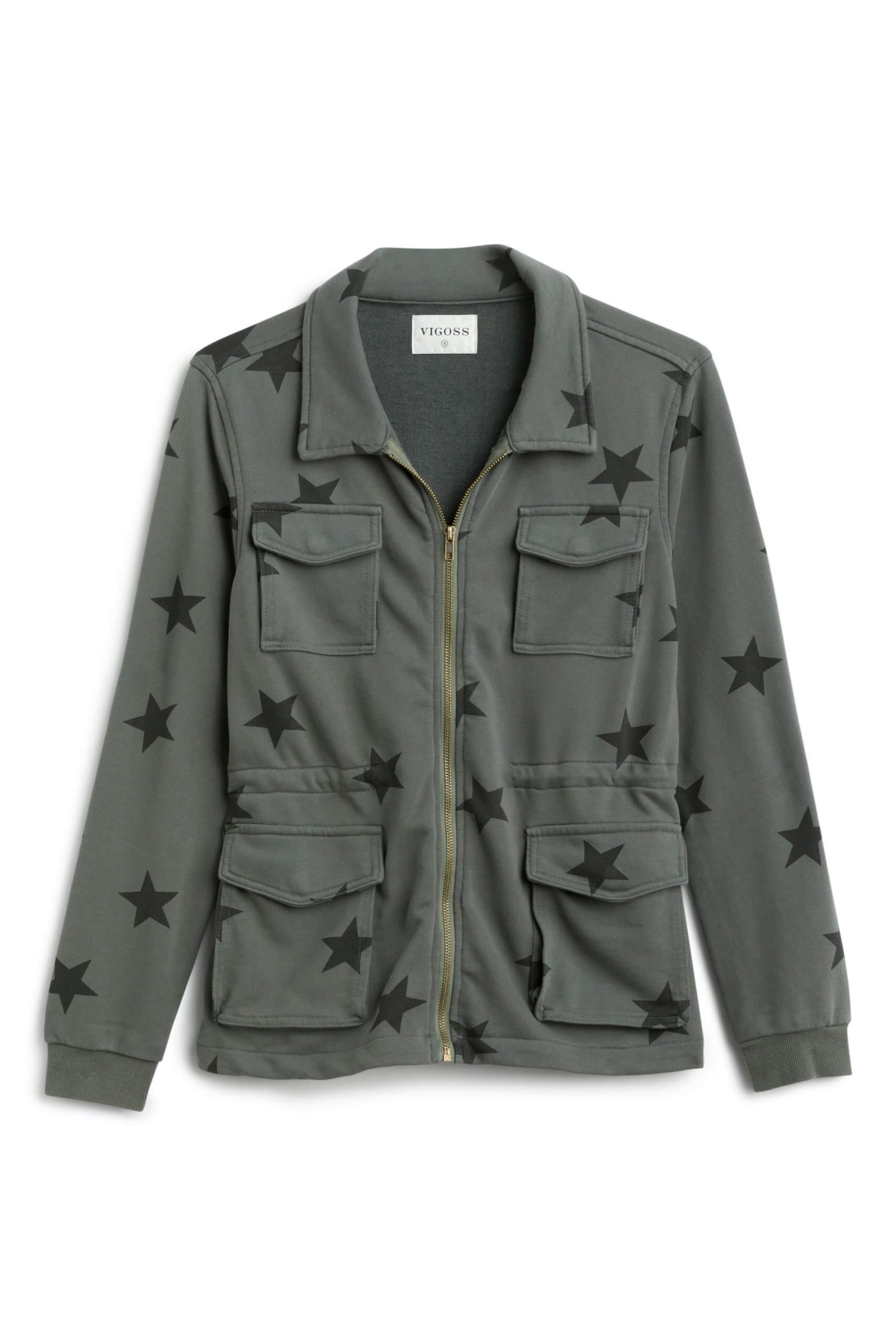 Stitch Fix women’s gray and black star print fleece cargo jacket.