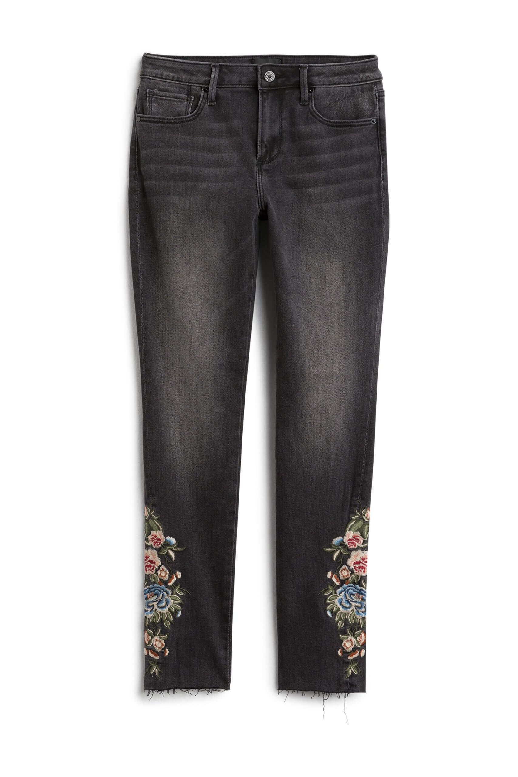 Stitch Fix Desert Daze trend grey straight-leg denim with embroidered detail at hems.