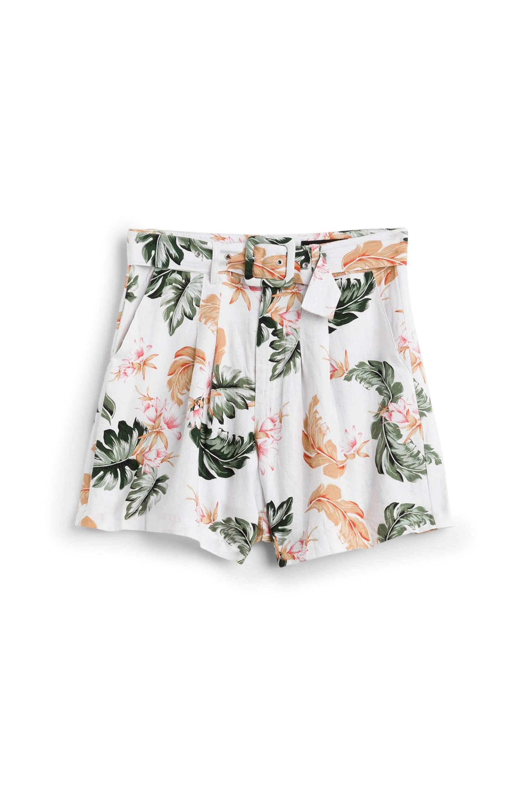 Stitch Fix Women’s white, olive and orange tropical floral print shorts with belted waist.