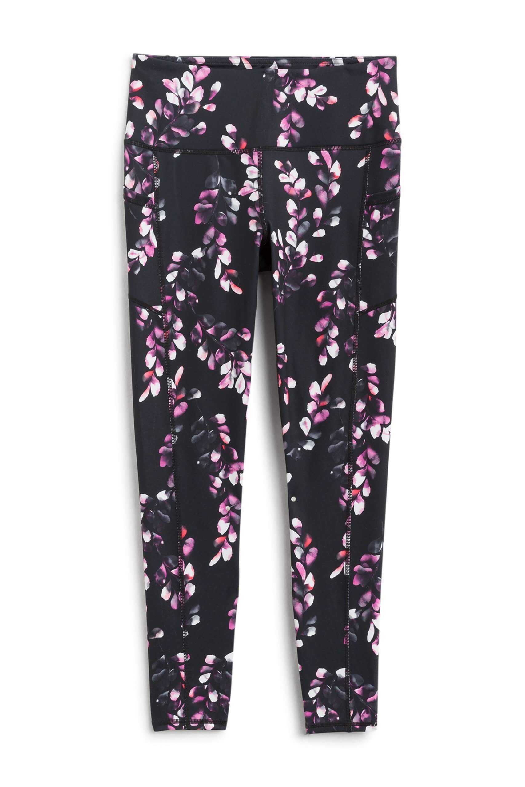 Stitch Fix women’s black athletic leggings with light and dark pink floral print.