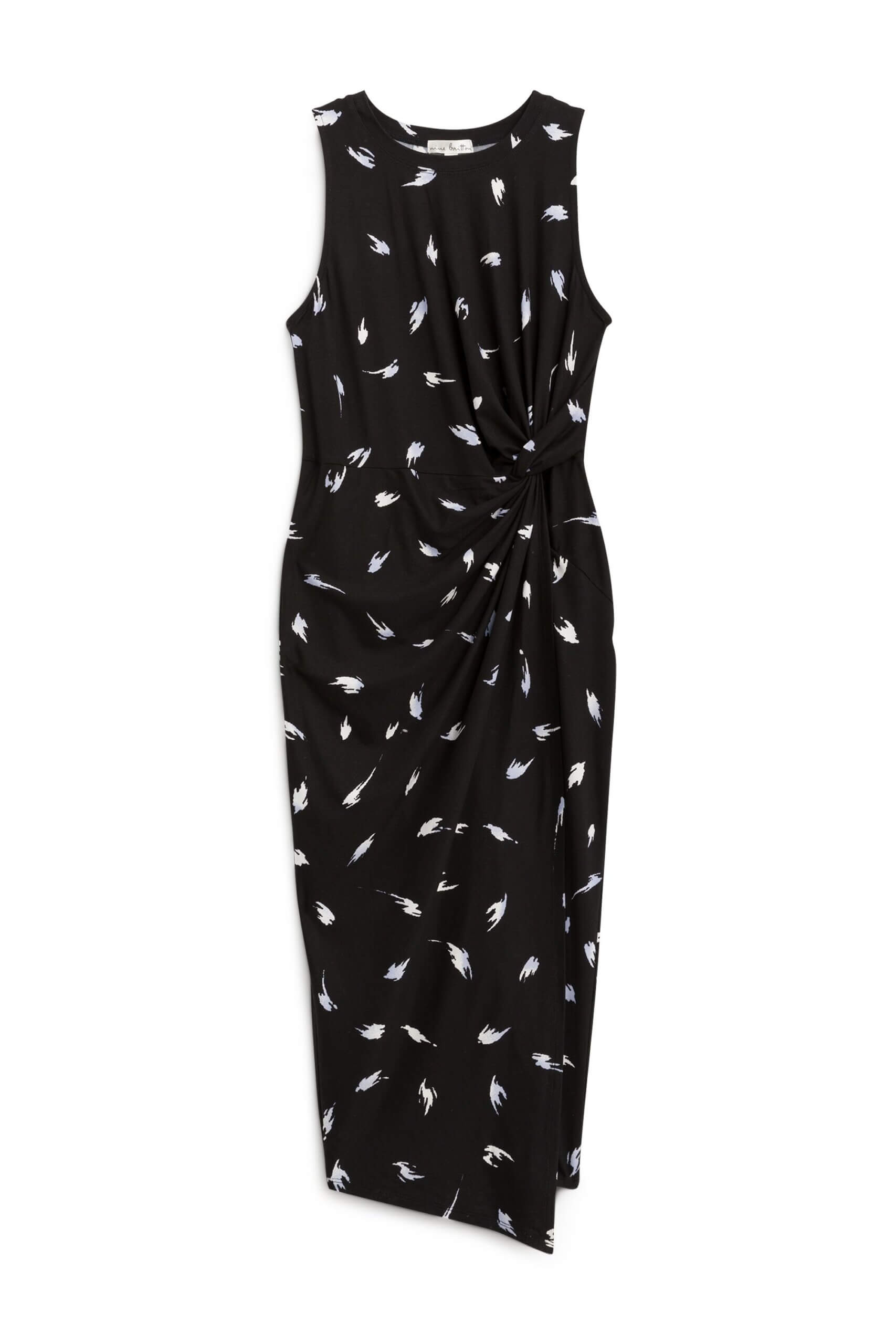 Stitch Fix women’s black midi sleeveless dress with white abstract print.