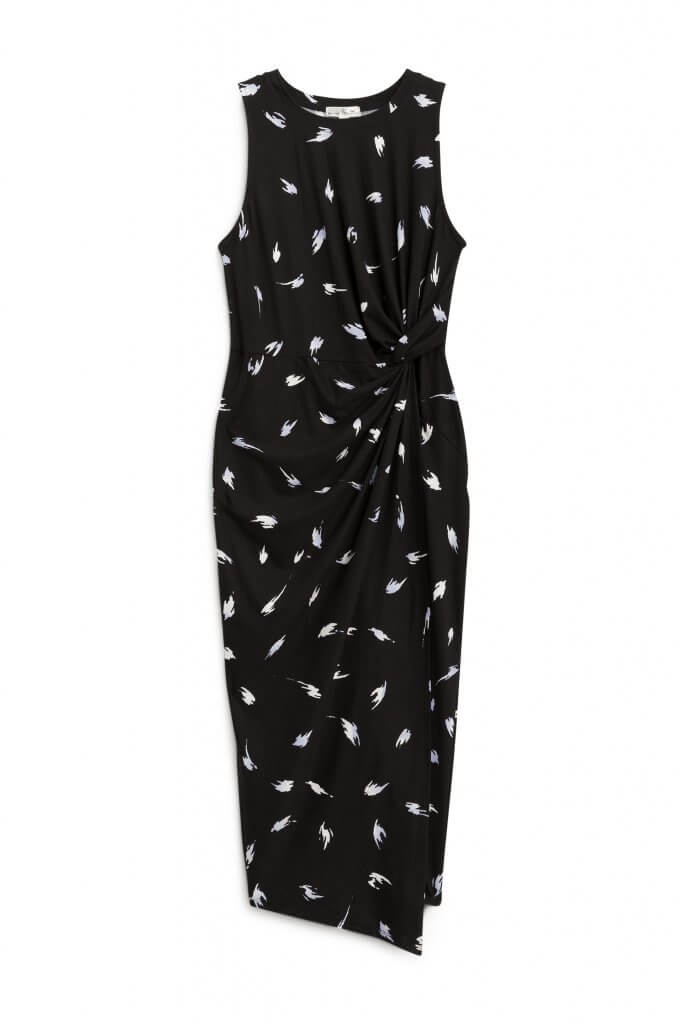 Stitch Fix Women’s fitted black printed maxi dress with tie-front detail.