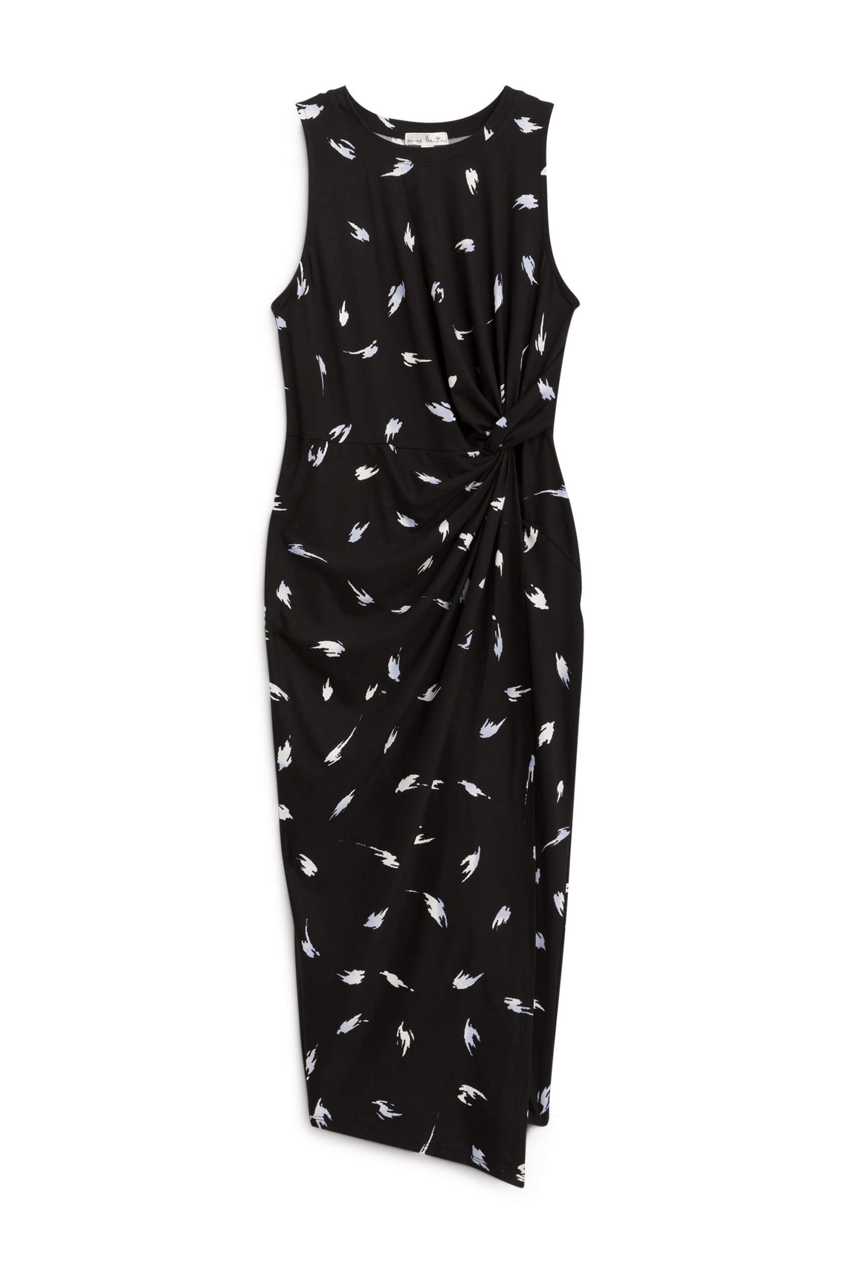 Stitch Fix Women’s fitted black printed maxi dress with tie-front detail.
