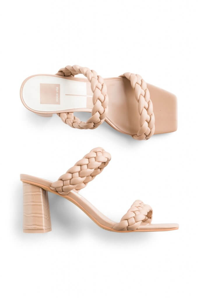 Stitch Fix women’s tan braided strap heeled sandals.