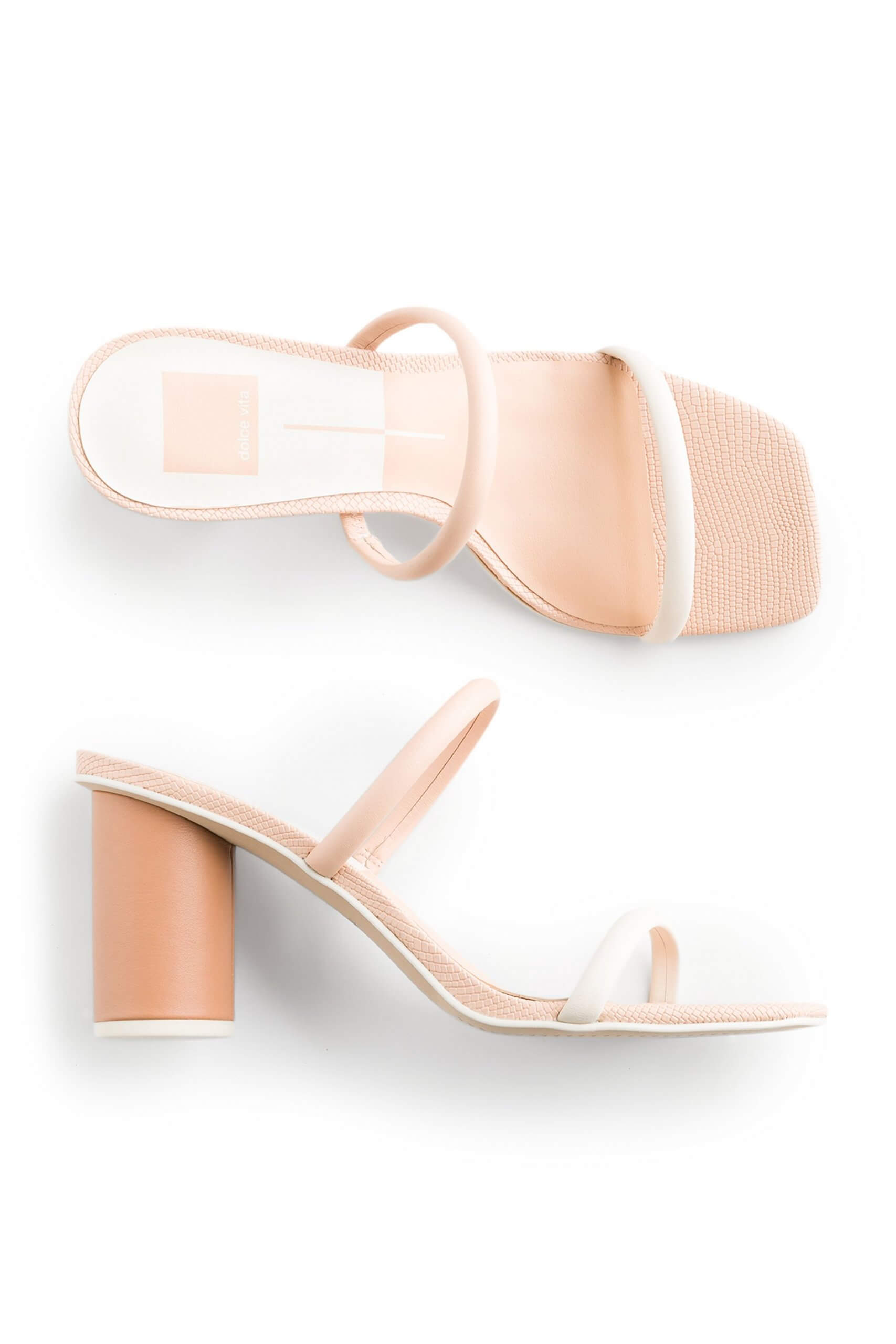 Stitch Fix Women’s chunky nude sandal heels with nude and white straps.