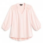 Stitch Fix women’s three-quarter sleeve light pink blouse with lace detail.