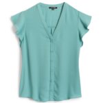 Stitch Fix women’s blue blouse with button-front and ruffle cap sleeves.