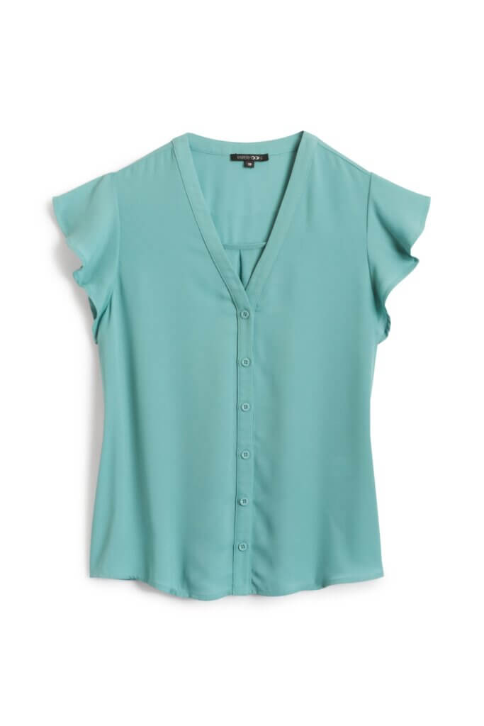 Stitch Fix women’s blue blouse with button-front and ruffle cap sleeves.