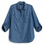 Stitch Fix women’s dark blue chambray button-down blouse with roll-tab sleeves.