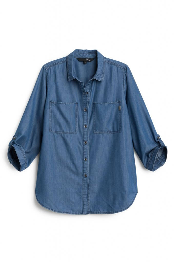 Stitch Fix women’s dark blue chambray button-down blouse with roll-tab sleeves.