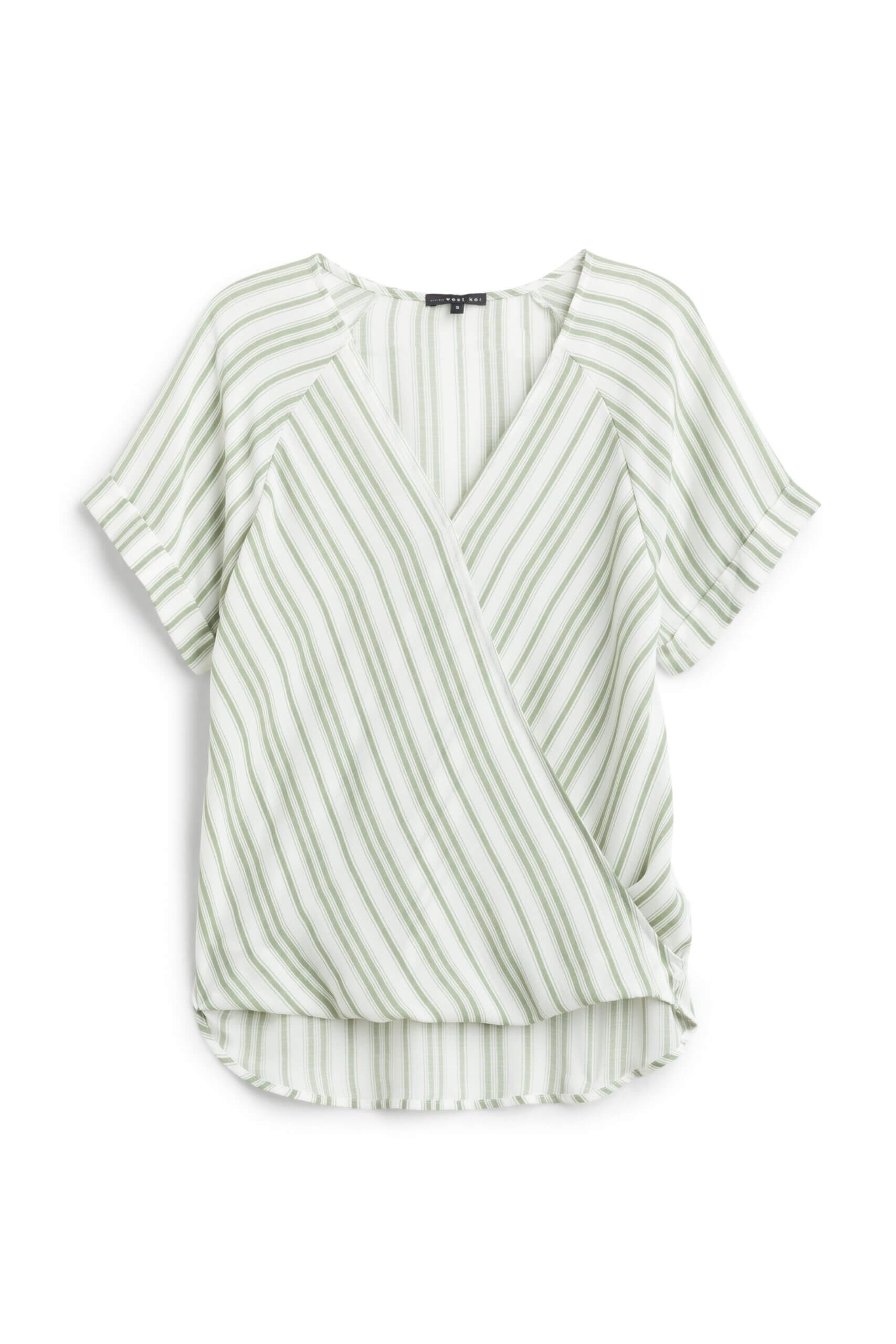 Stitch Fix women’s light green and white striped surplice blouse.