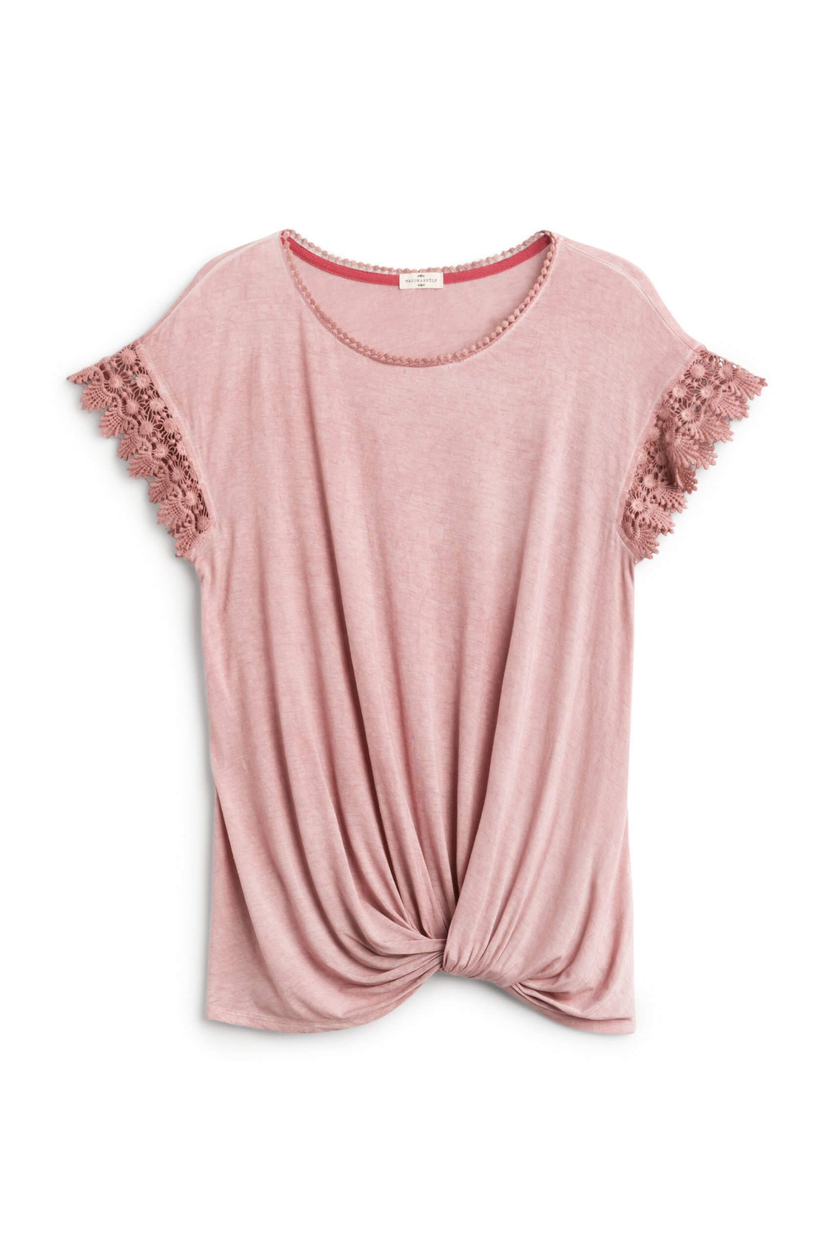 Stitch Fix women’s pink short sleeve knot front tee with crochet trim.