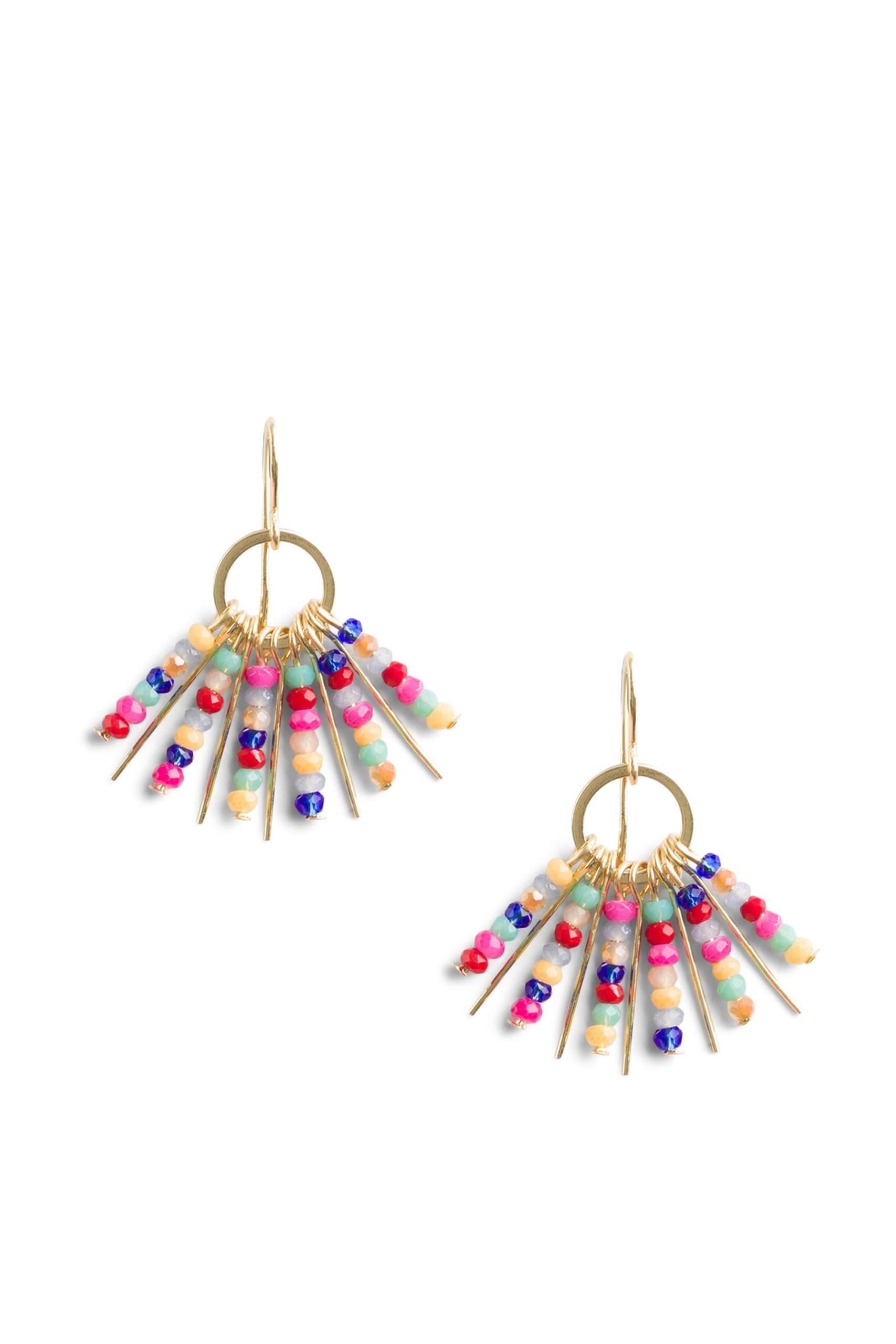 Stitch Fix women’s gold earrings with multi-colored dangly beads.