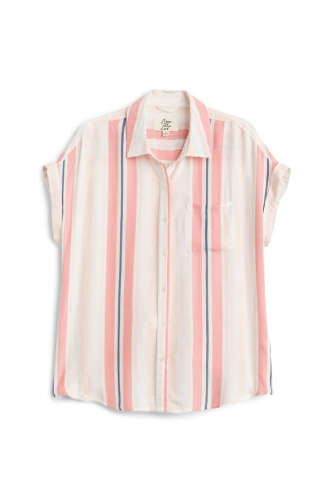 Stitch Fix women’s white, pink and blue short-sleeve button-down shirt.