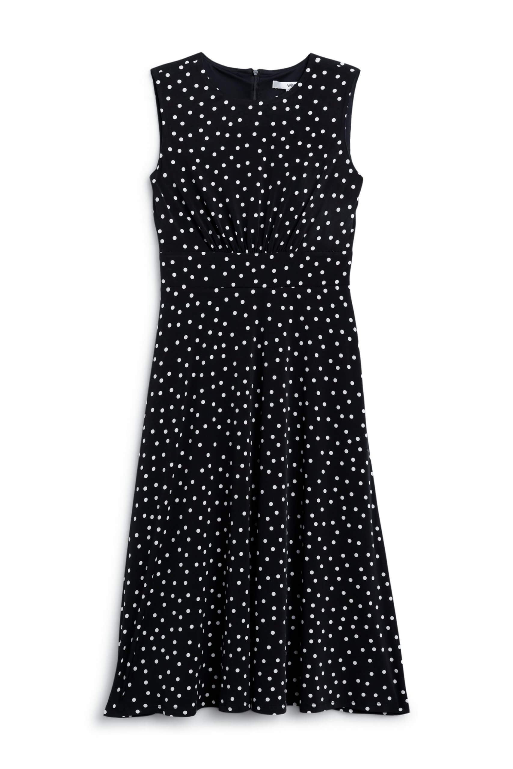 Stitch Fix women’s black polka-dot midi dress with waist-ruching detail.
