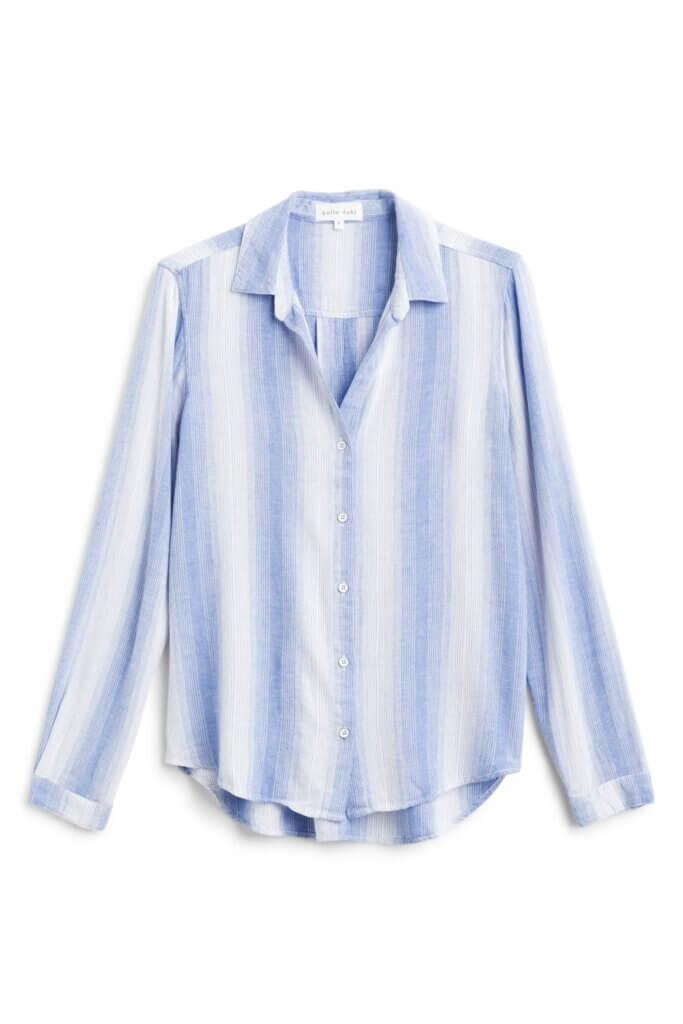 Stitch Fix Women's white button-up shirt with blue stripes. 