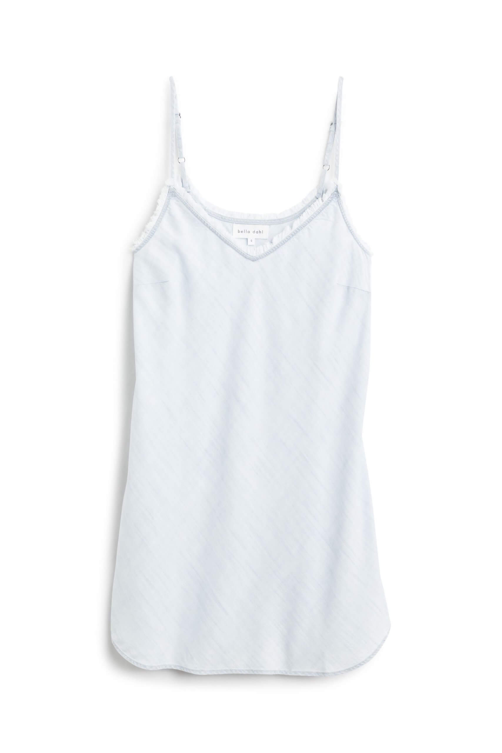 Stitch Fix Women’s light grey slip dress with frayed detail at neckline.