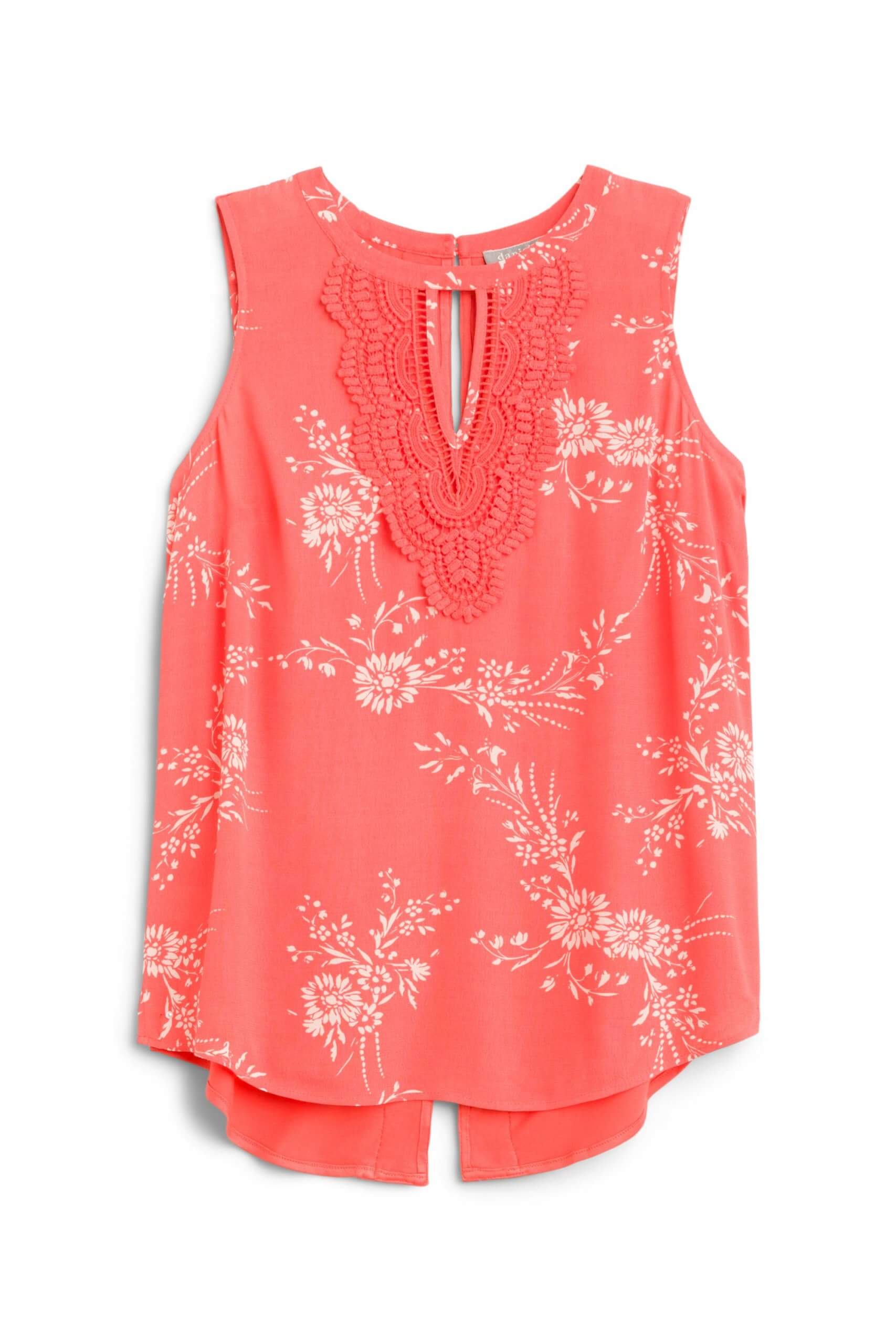 Stitch Fix Women’s sleeveless coral floral print blouse with keyhole.