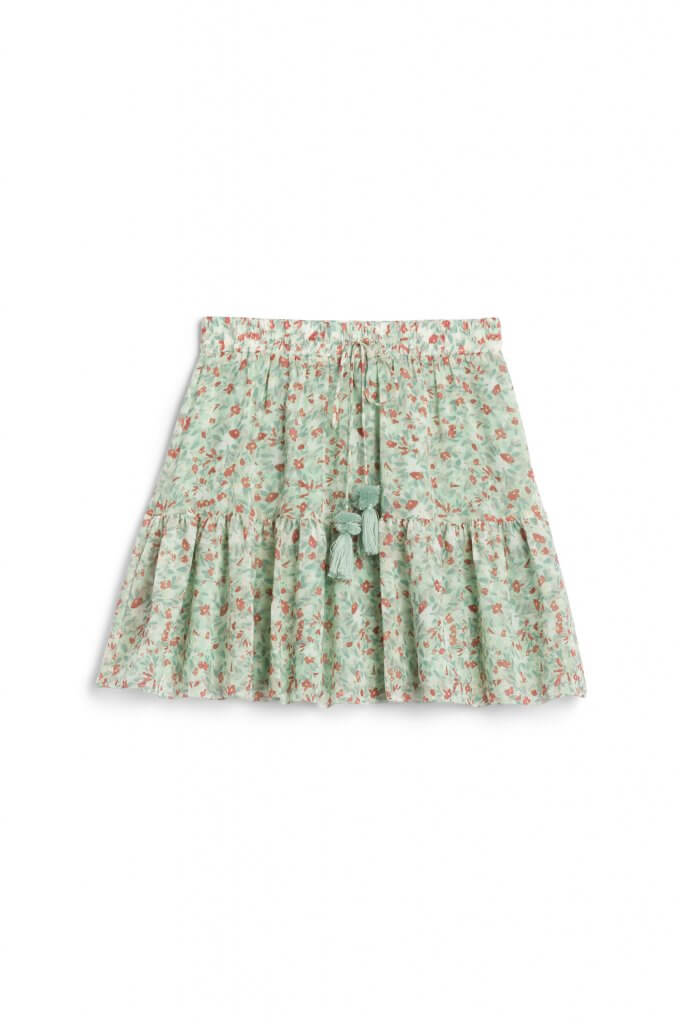 Stitch Fix women’s green and pink floral tiered mini skirt with tassel-tie waist.