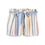 Stitch Fix women’s blue, white and orange stripe tie-waist paperbag shorts.