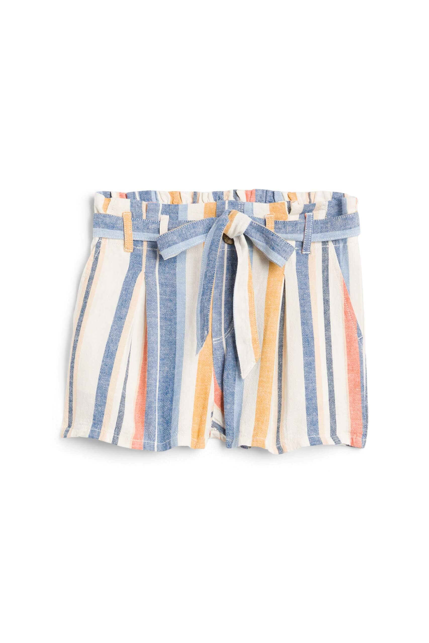 Stitch Fix women’s blue, white and orange stripe tie-waist paperbag shorts.