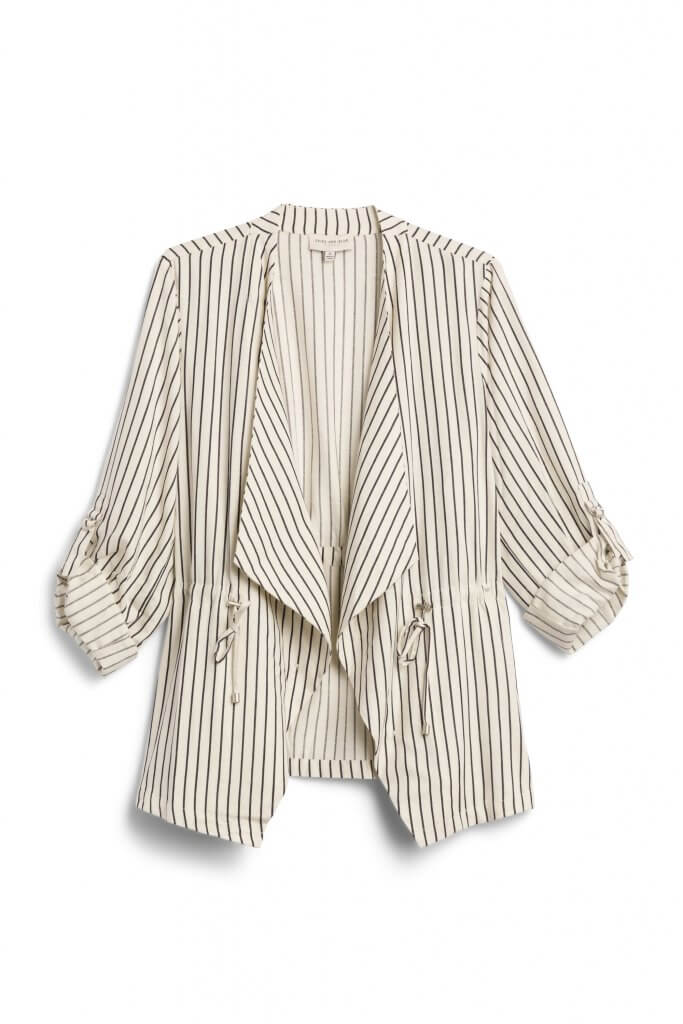Stitch Fix women’s beige and black striped boyfriend blazer.
