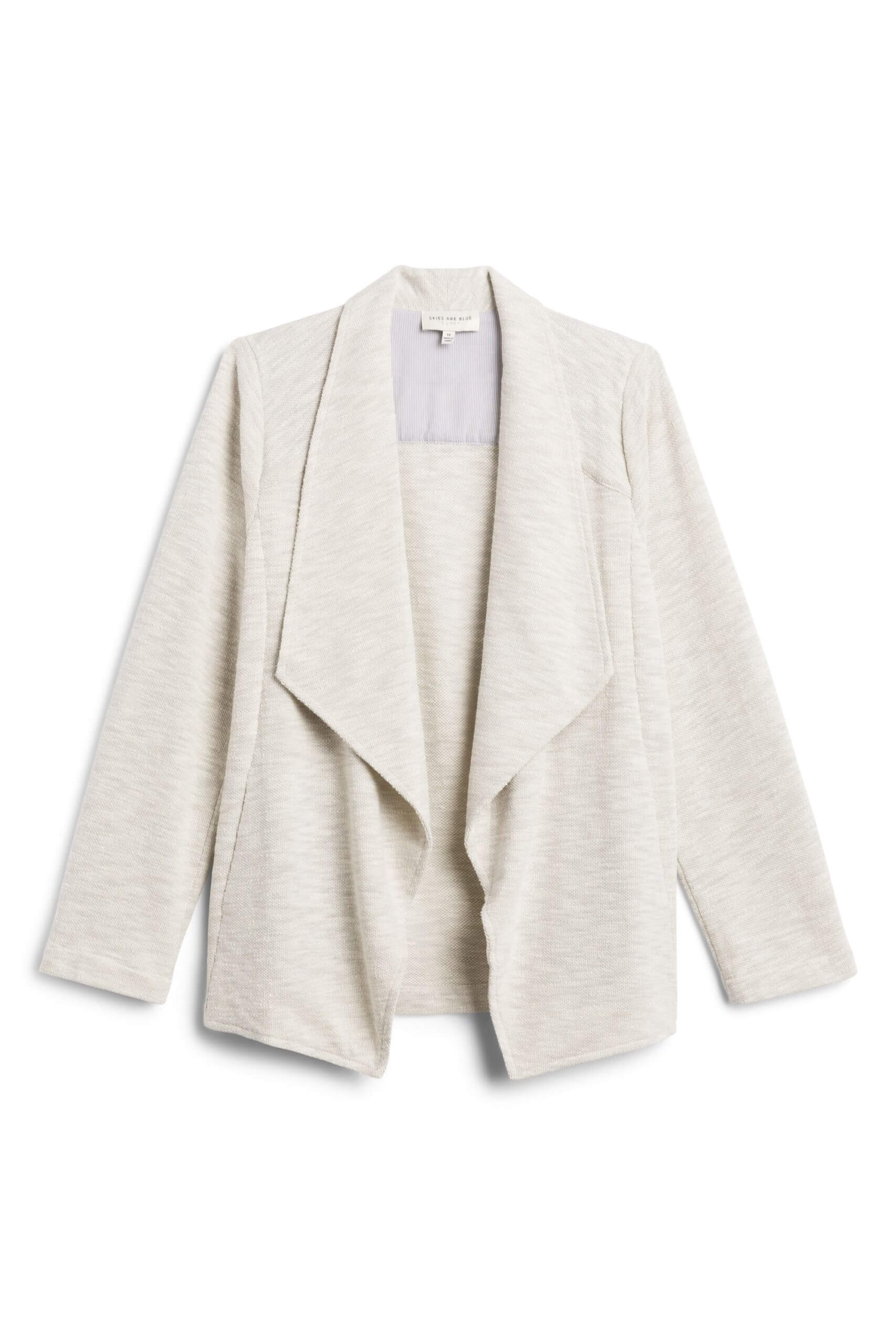 Stitch Fix women’s off-white space-dye knit blazer with draped collar.