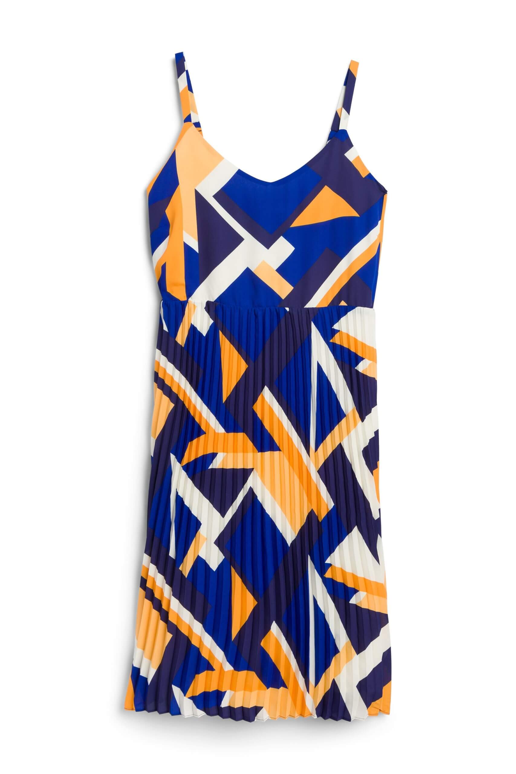 Stitch Fix women’s navy, black, yellow, orange and white geometric print sleeveless dress with pleated skirt.