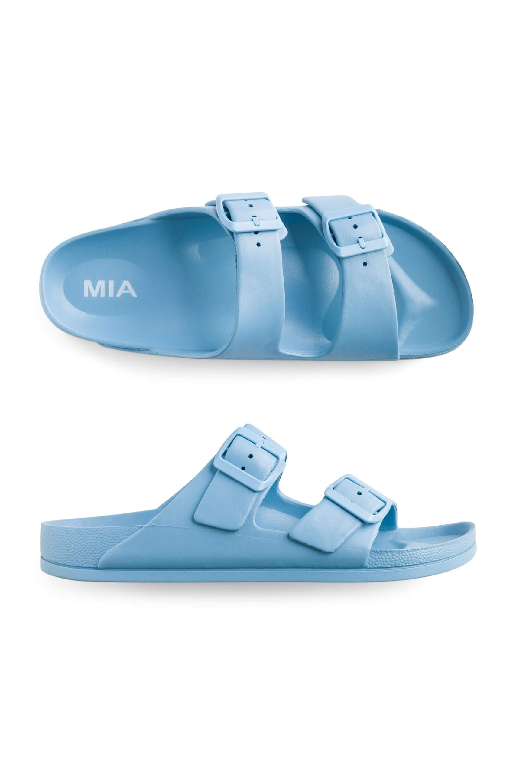 Stitch Fix women’s blue two-strap buckle slide sandals.