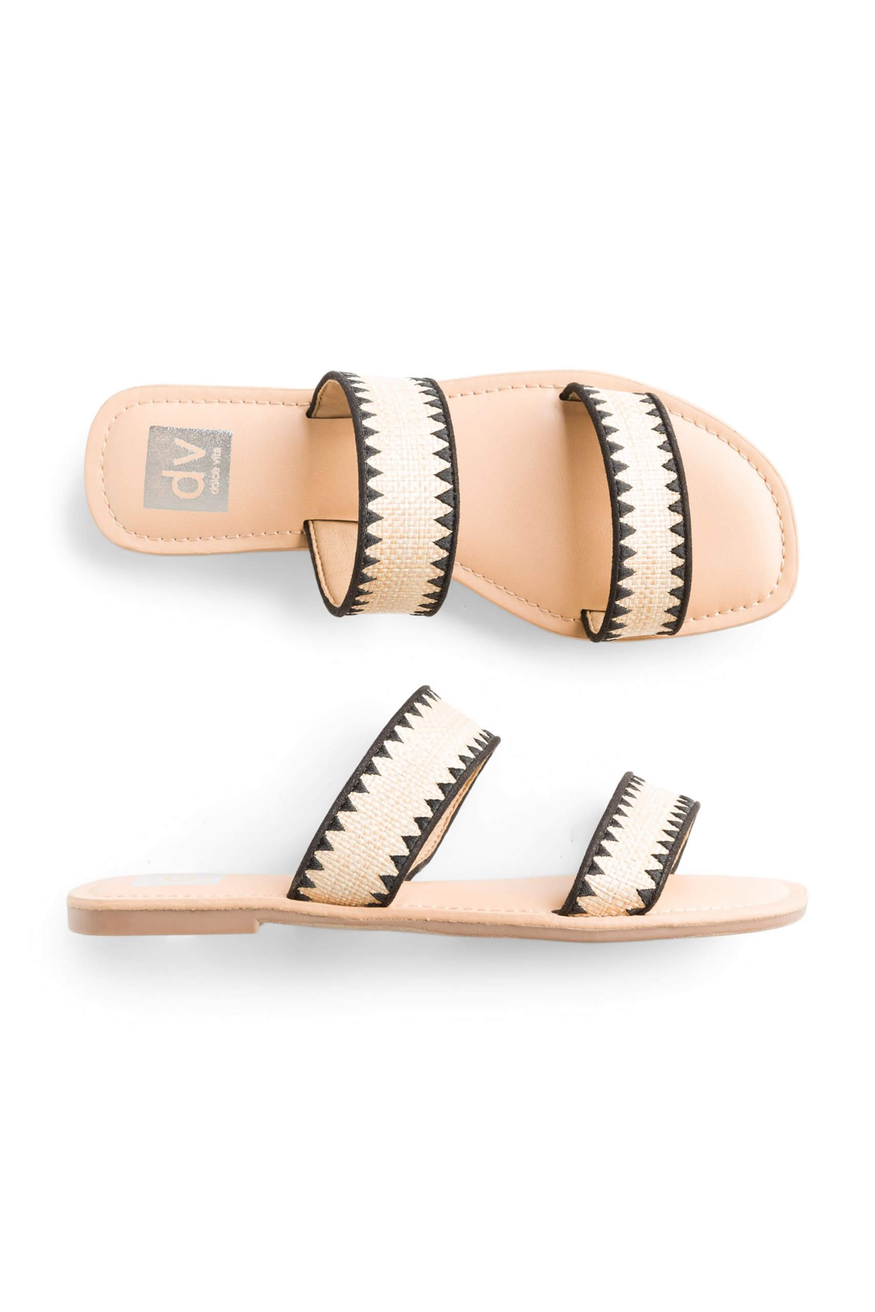 Stitch Fix Women's tan slide sandals with white and black straps.