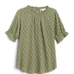 Stitch Fix women’s olive polka dot blouse with ruffles at neckline and sleeves.