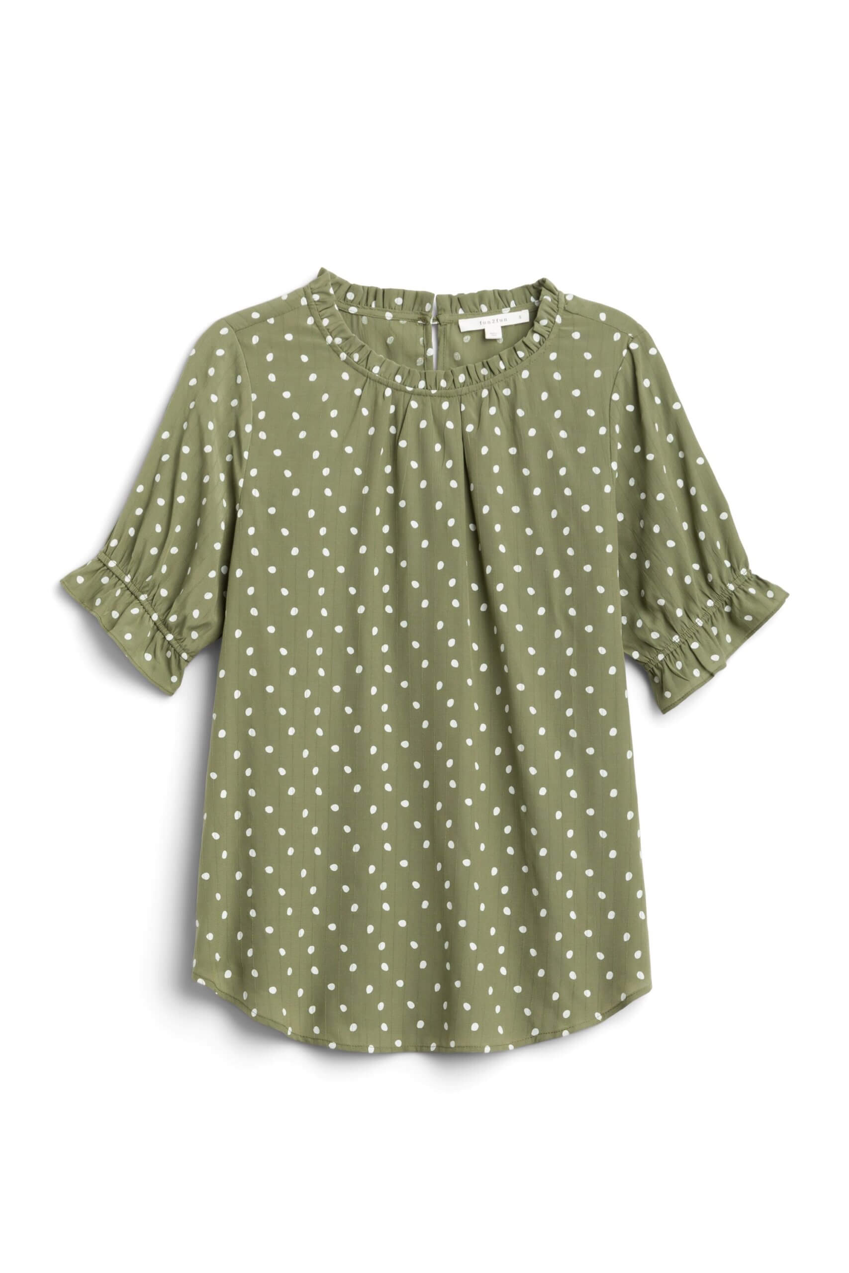 Stitch Fix women’s olive polka dot blouse with ruffles at neckline and sleeves.