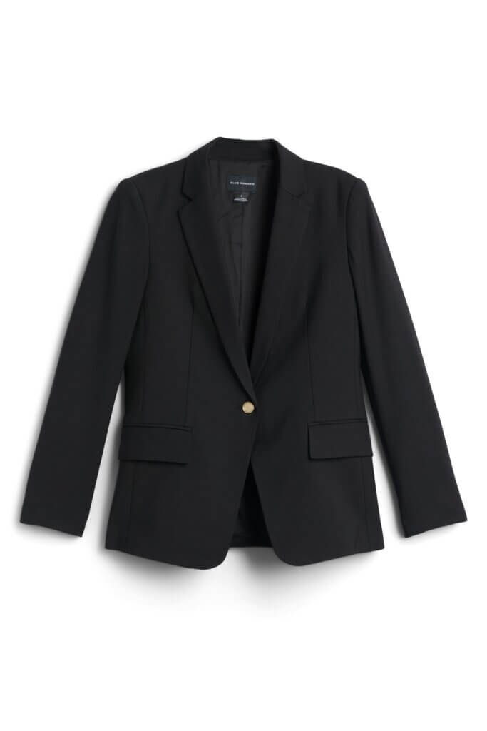 Stitch Fix women’s black blazer with gold button closure.