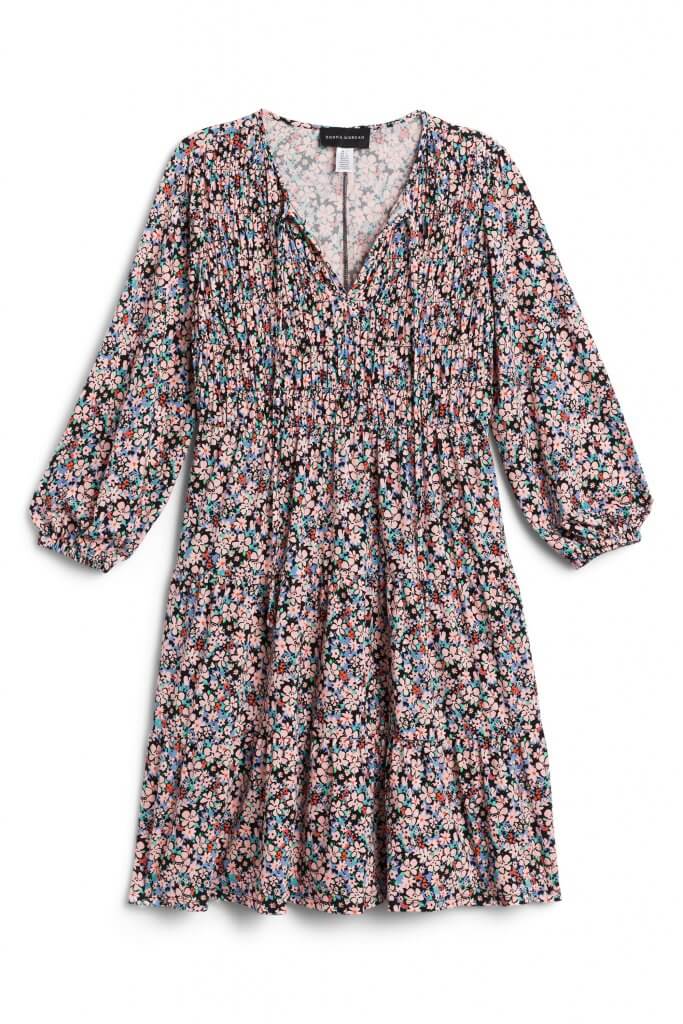 Stitch Fix women’s pink, blue and purple floral knee-length a-line dress with balloon sleeves.