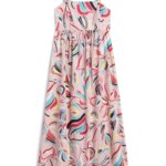Stitch Fix women’s maternity light pink maxi dress with abstract print in red, turquoise, yellow and black.