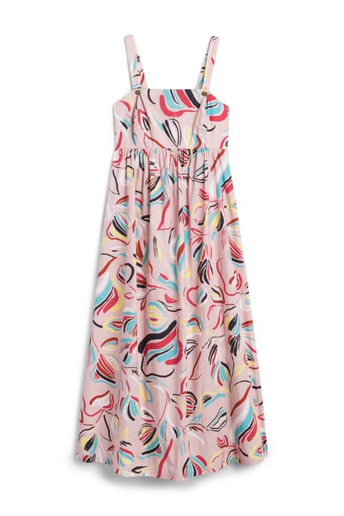 Stitch Fix women’s maternity light pink maxi dress with abstract print in red, turquoise, yellow and black.