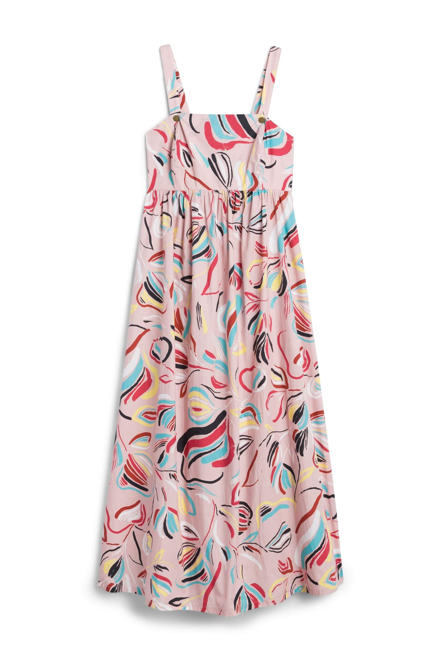 Stitch Fix women’s maternity light pink maxi dress with abstract print in red, turquoise, yellow and black.