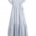 Stitch Fix women’s blue and white striped short-sleeve maxi dress with tie waist detailing.