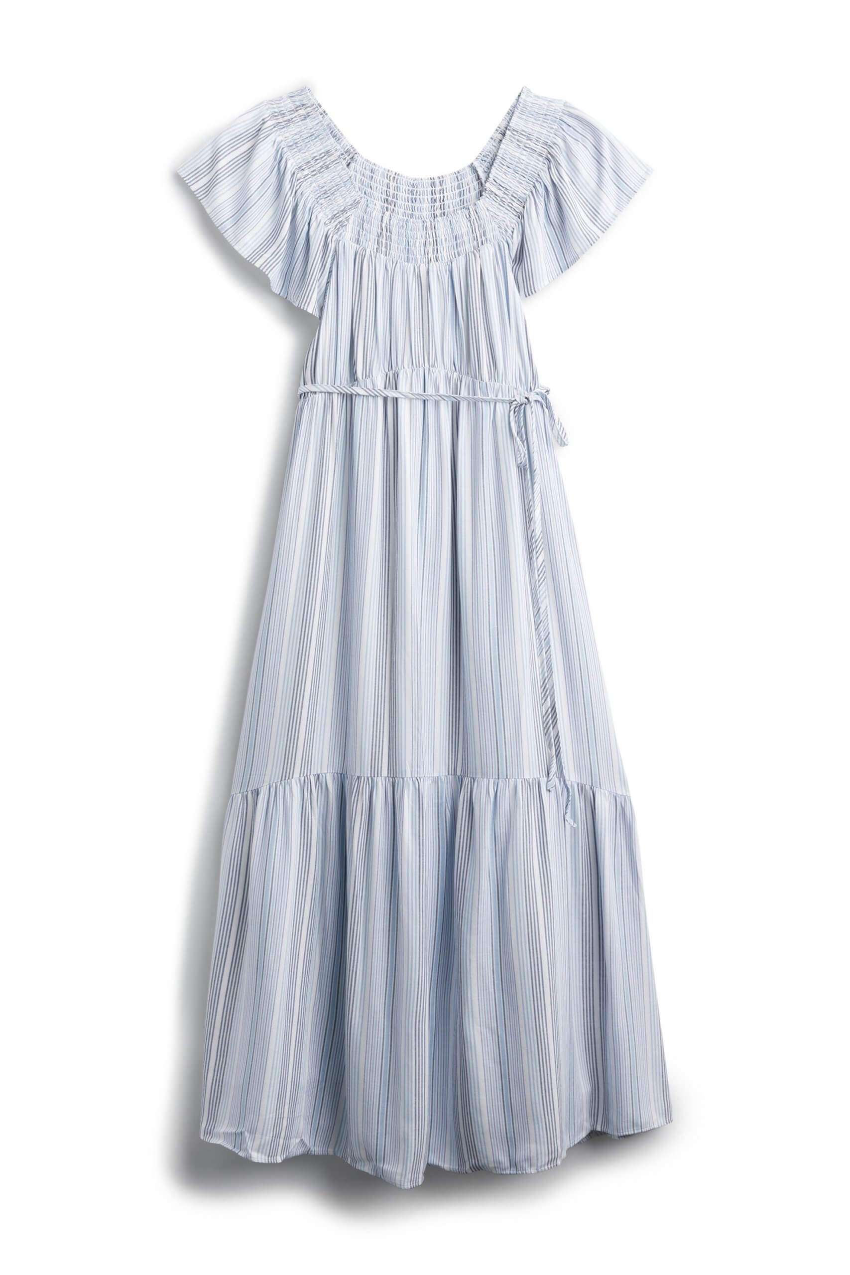 Stitch Fix women’s blue and white striped short-sleeve maxi dress with tie waist detailing.