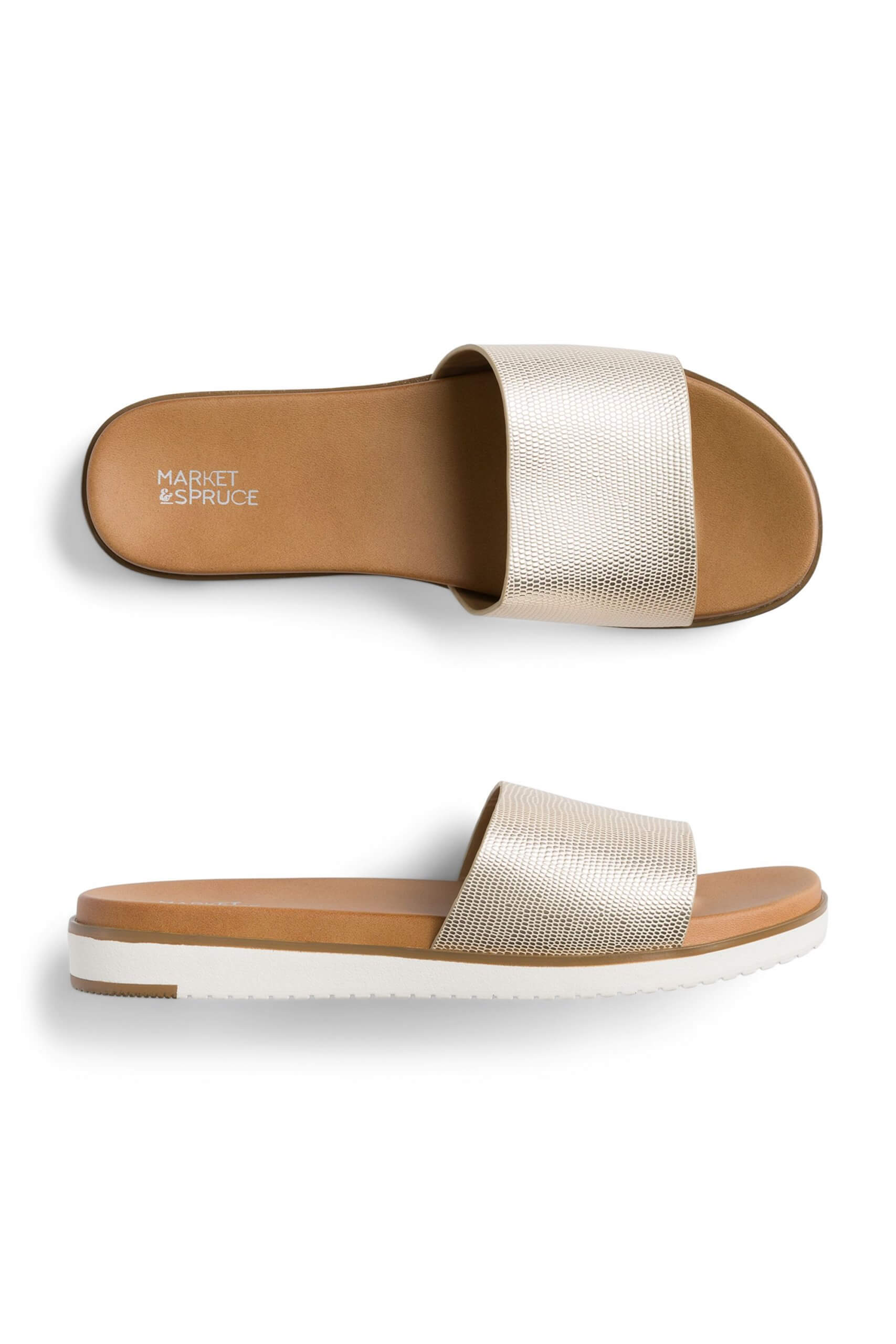 Stitch Fix women’s gold metallic platform slide sandals.
