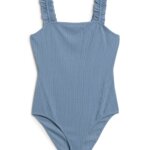 Stitch Fix women’s light blue tank bodysuit with ruffle straps.
