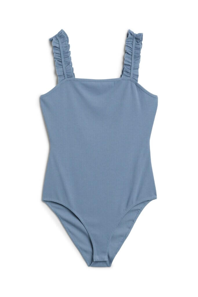 Stitch Fix women’s light blue tank bodysuit with ruffle straps.