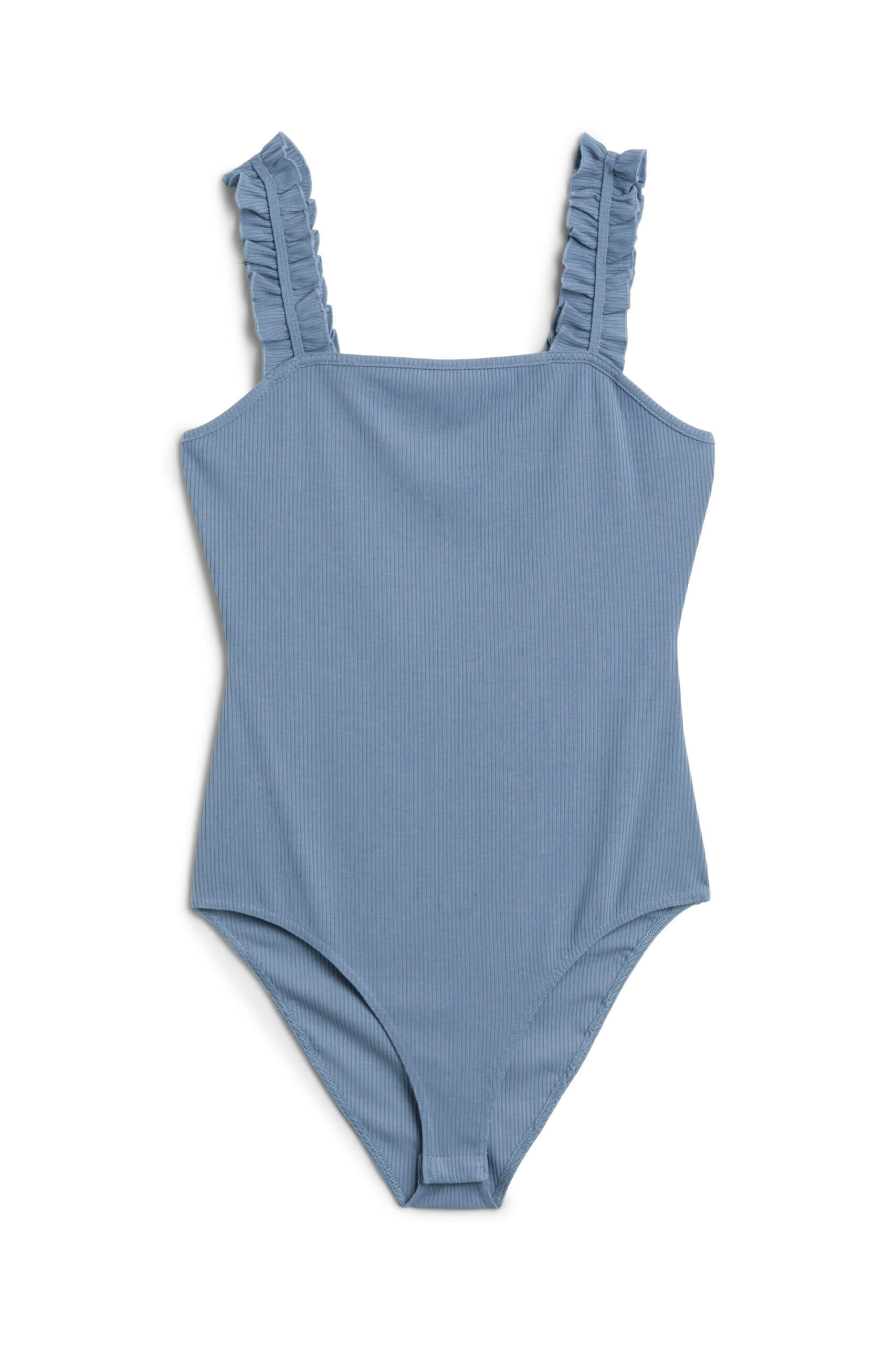 Stitch Fix women’s light blue tank bodysuit with ruffle straps.