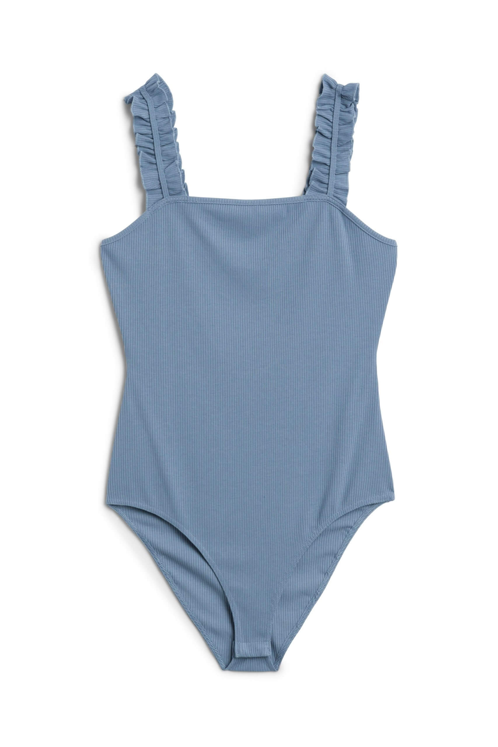 Stitch Fix women’s dusty blue bodysuit with ruffled straps.