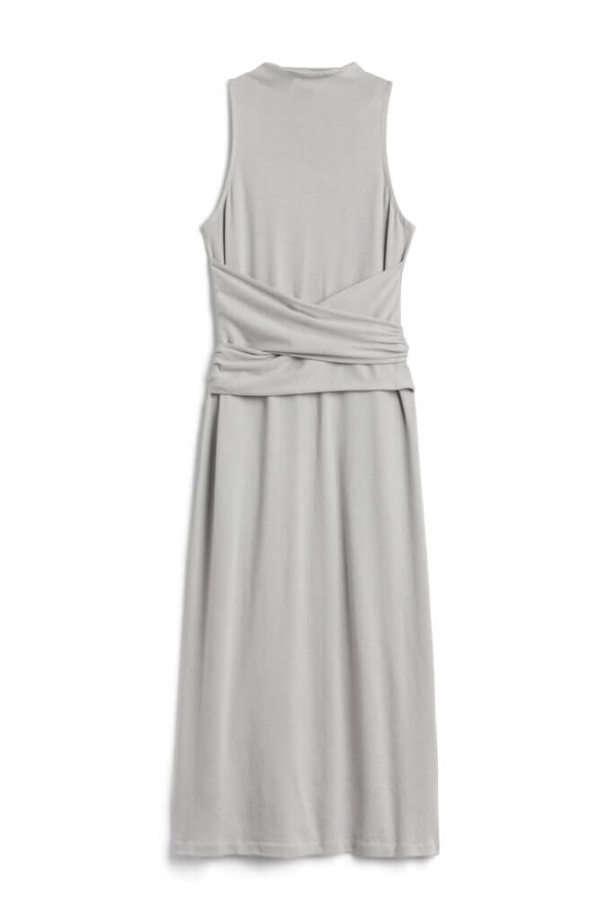Stitch Fix women’s grey midi dress with cross-front panels.
