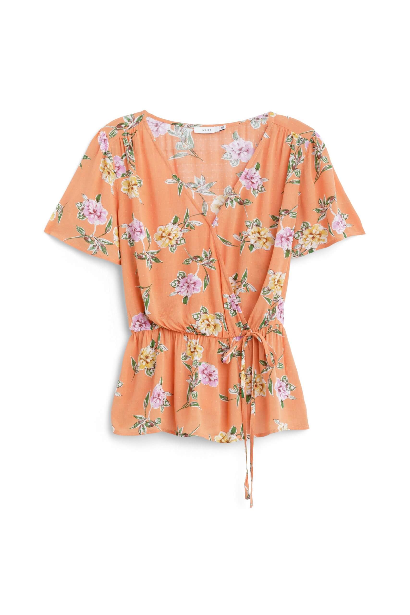Stitch Fix women’s short-sleeve orange floral print wrap blouse with side tie.