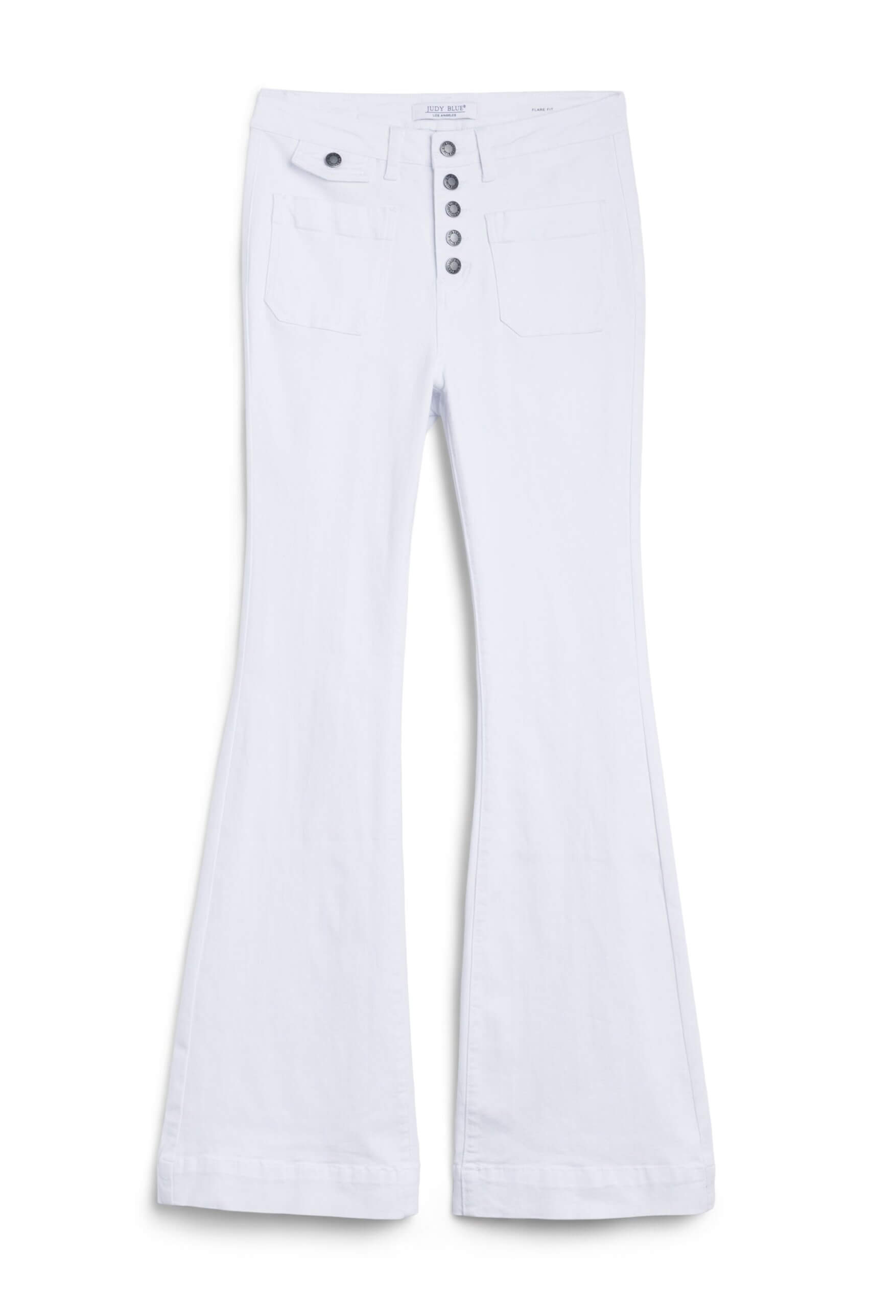 Stitch Fix Women's white button-front flare jeans.