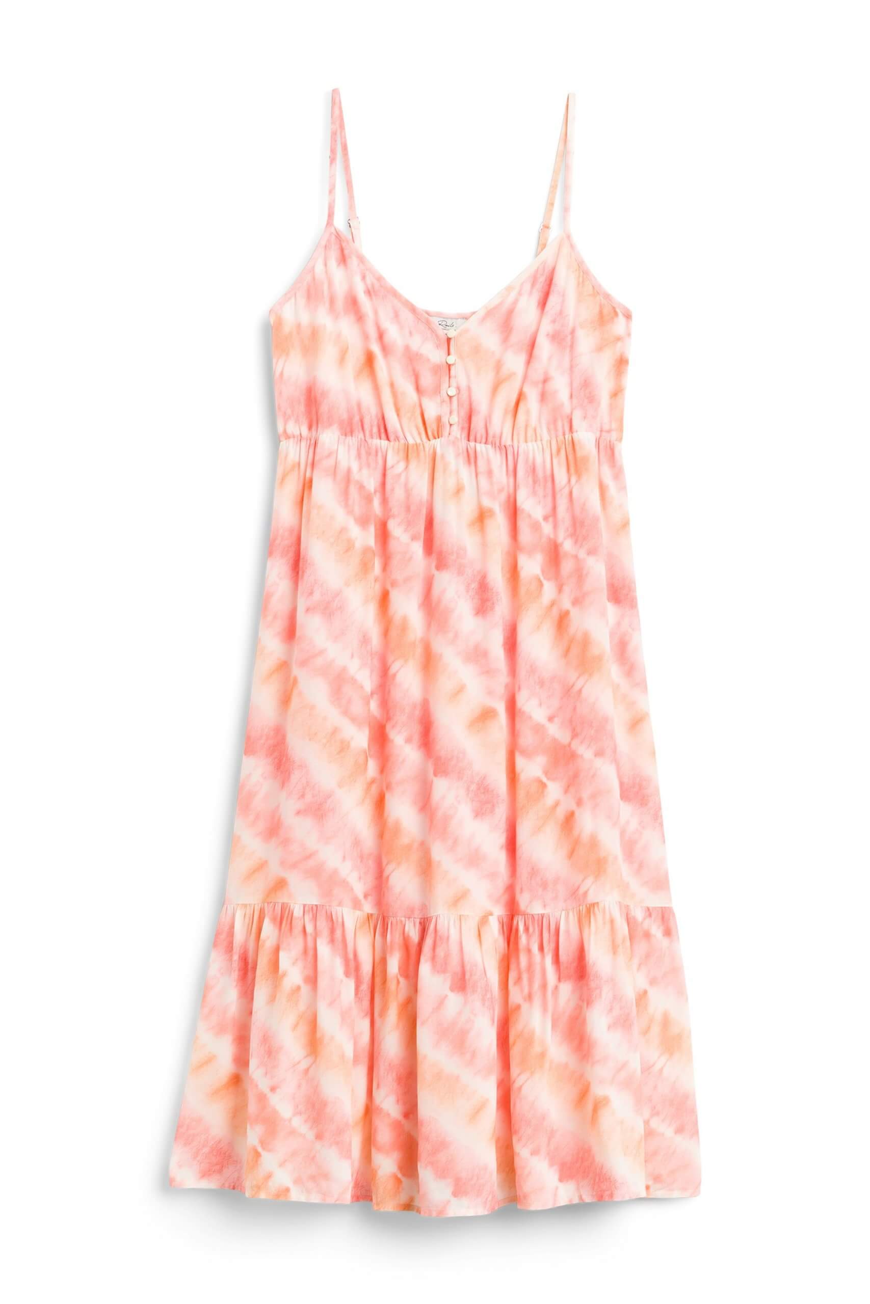 Stitch Fix women’s pink and orange tie-dye tiered midi dress.